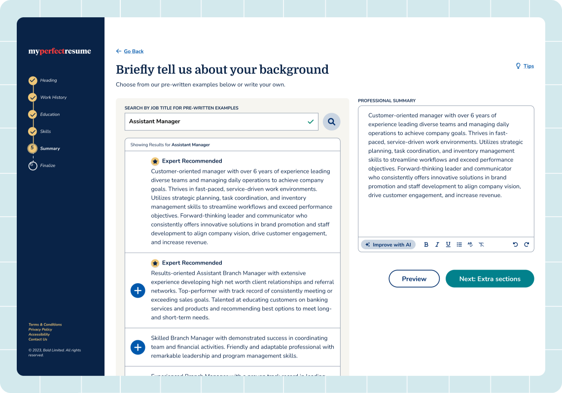 Professional summary editor with AI suggestions